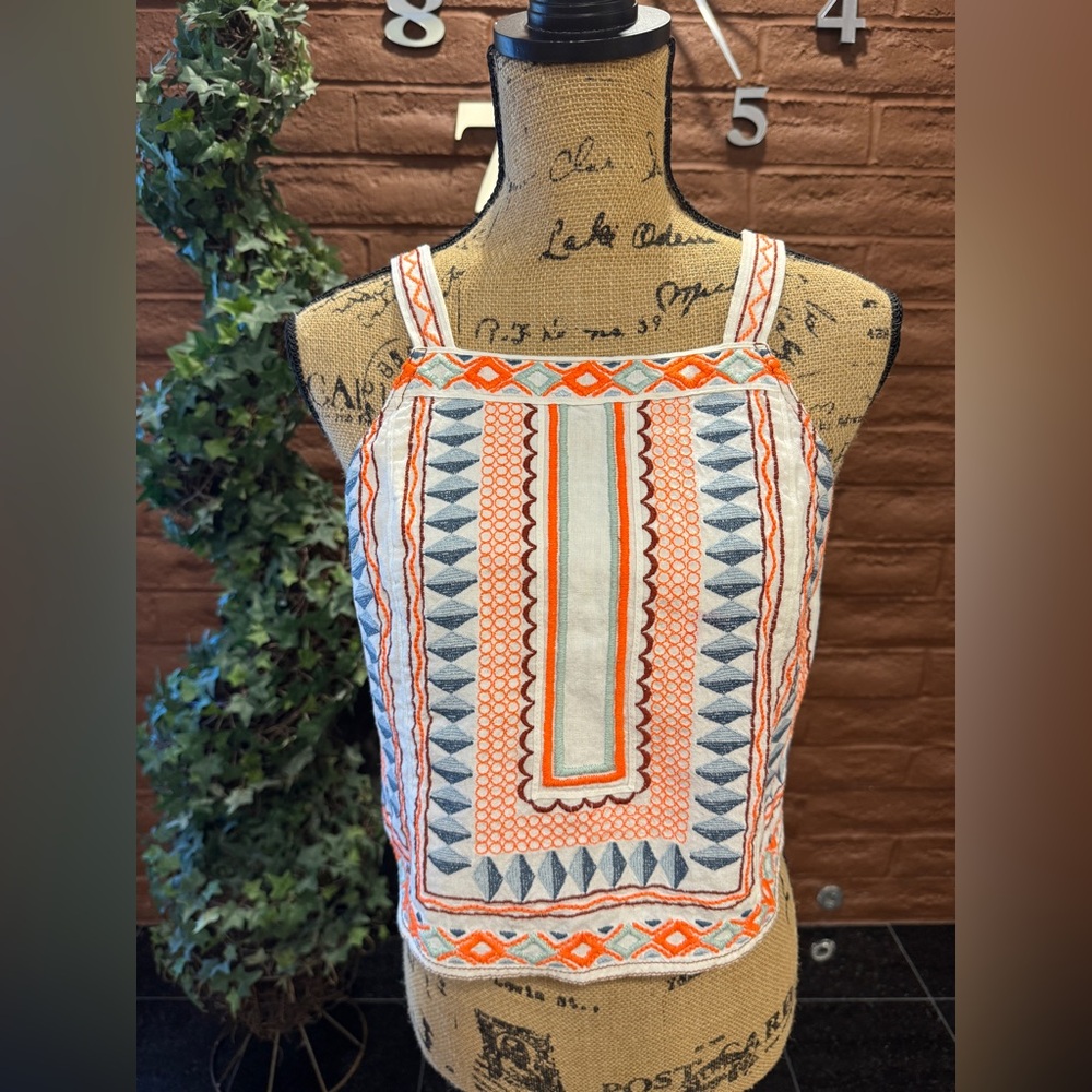 Anthropologie Embroidered Geometric Tank Top in Orange, Blue, White